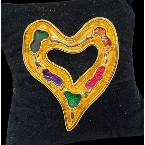 Vtg Edouard Rambaud Paris Hammered Gold Tone Heart w/Colorful Gripoix Enamel - Picture 3 of 7